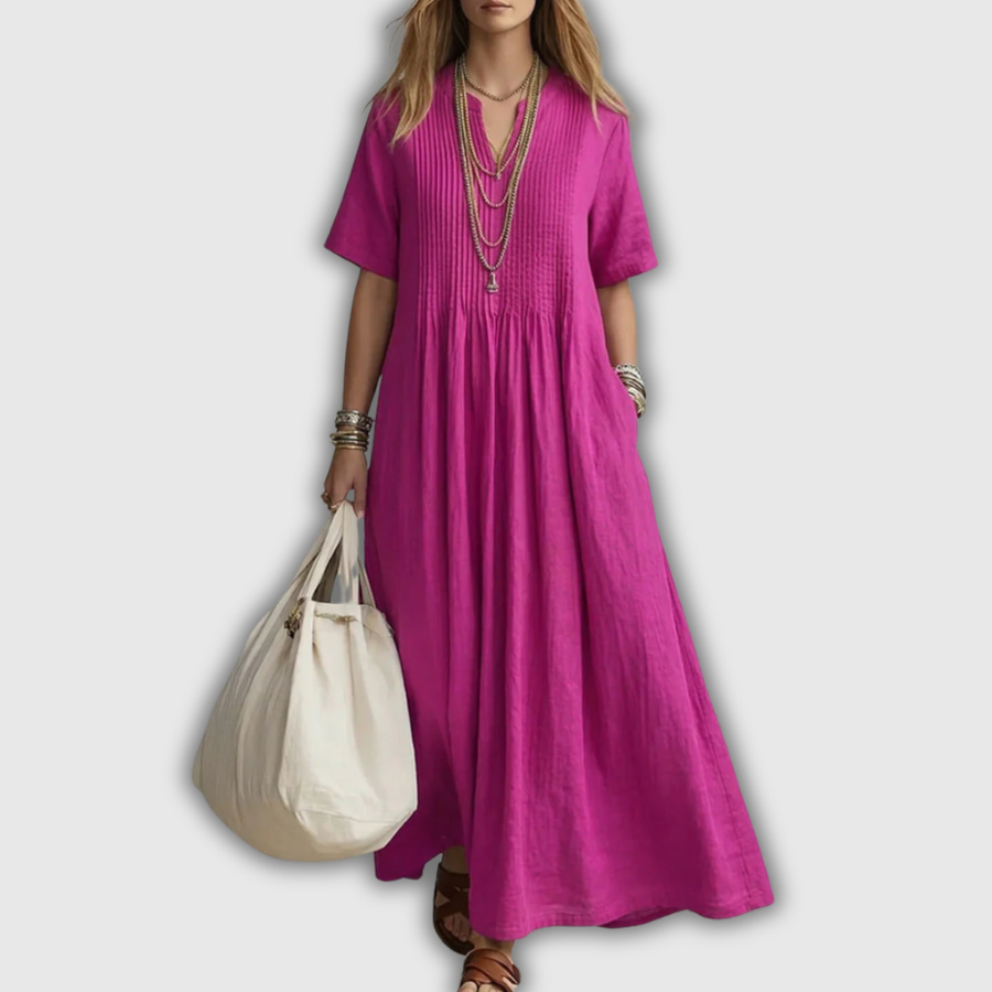Elowen | Pintuck V-Neck Linen Maxi Dress — 1