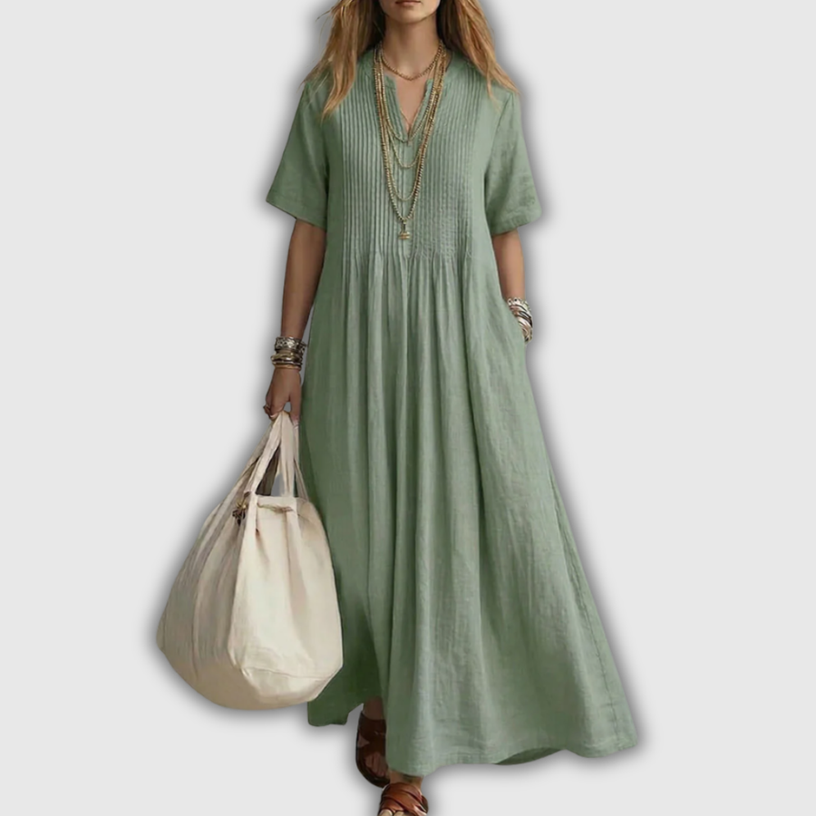 Elowen | Pintuck V-Neck Linen Maxi Dress — 4
