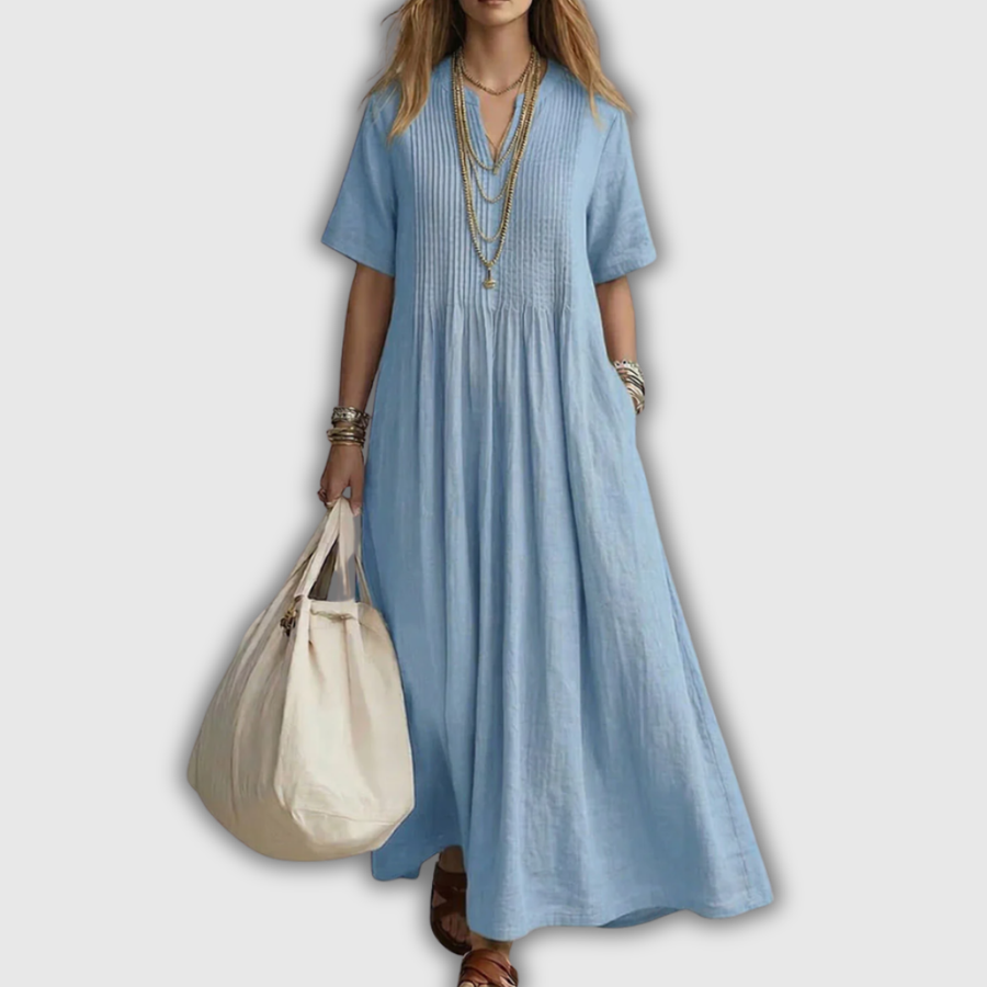 Elowen | Pintuck V-Neck Linen Maxi Dress — 8