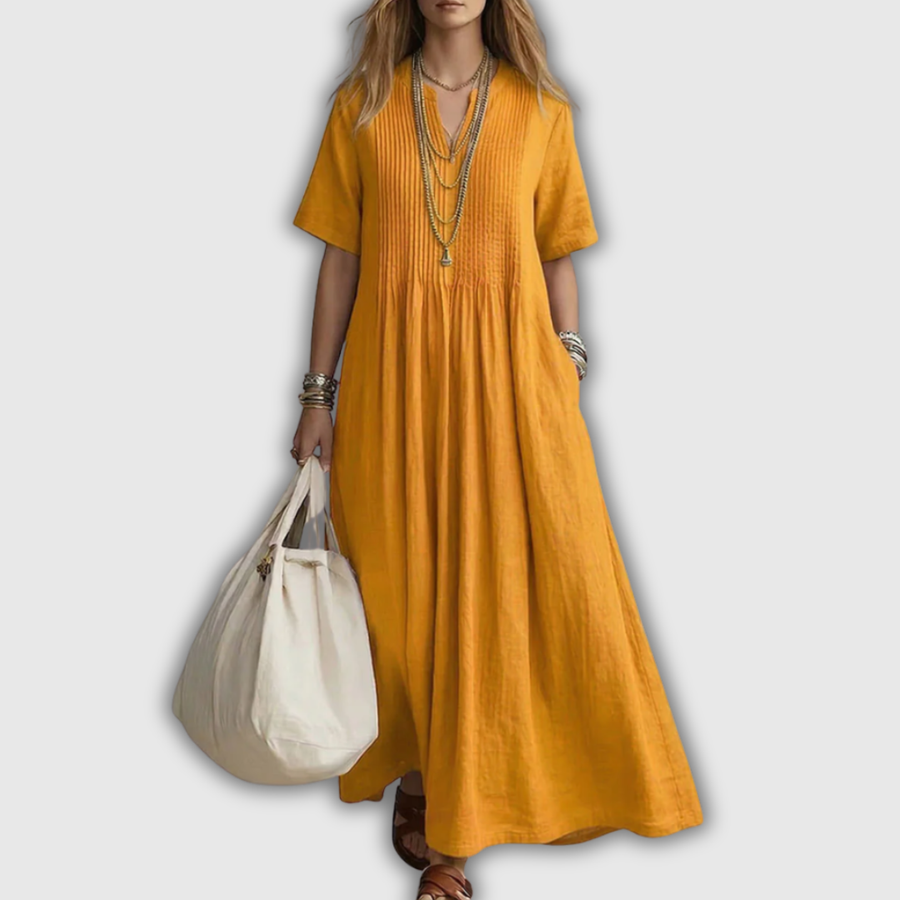 Elowen | Pintuck V-Neck Linen Maxi Dress — 10