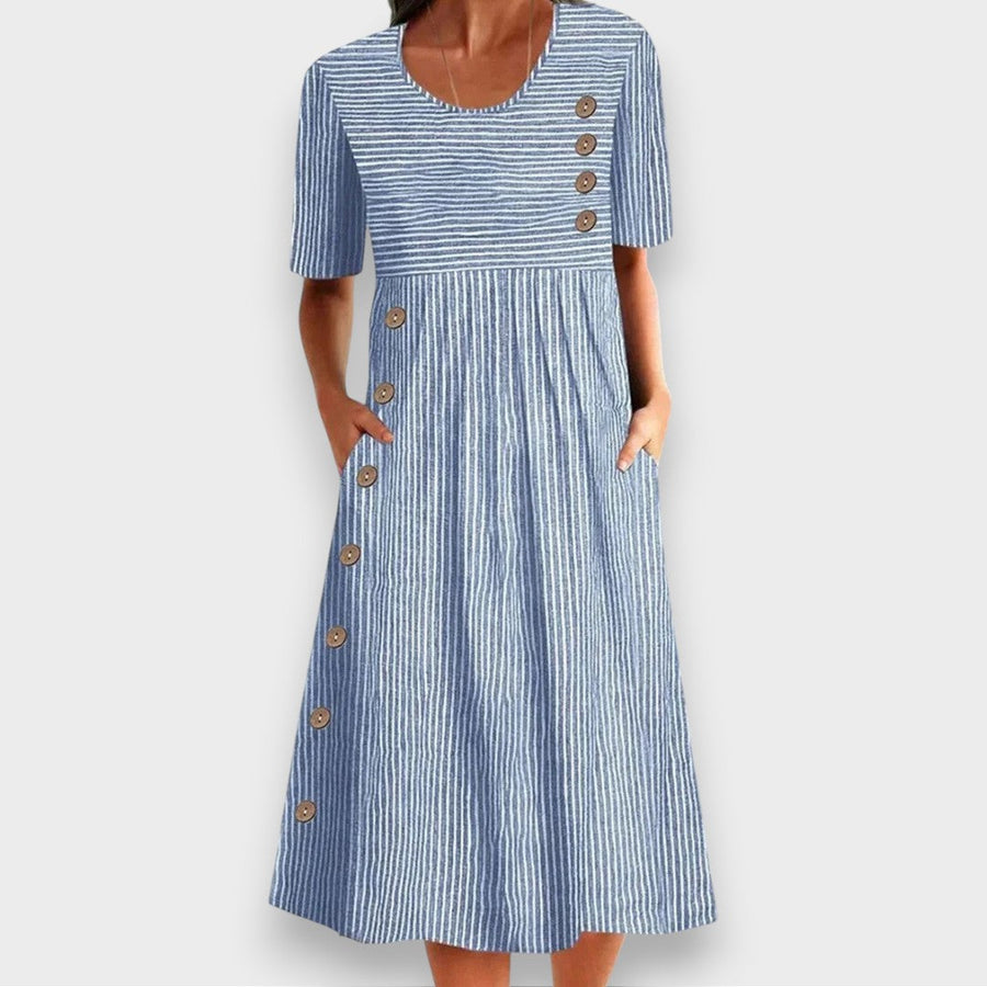 Cecily | Striped Button-Detail Midi Dress with Pockets — 1