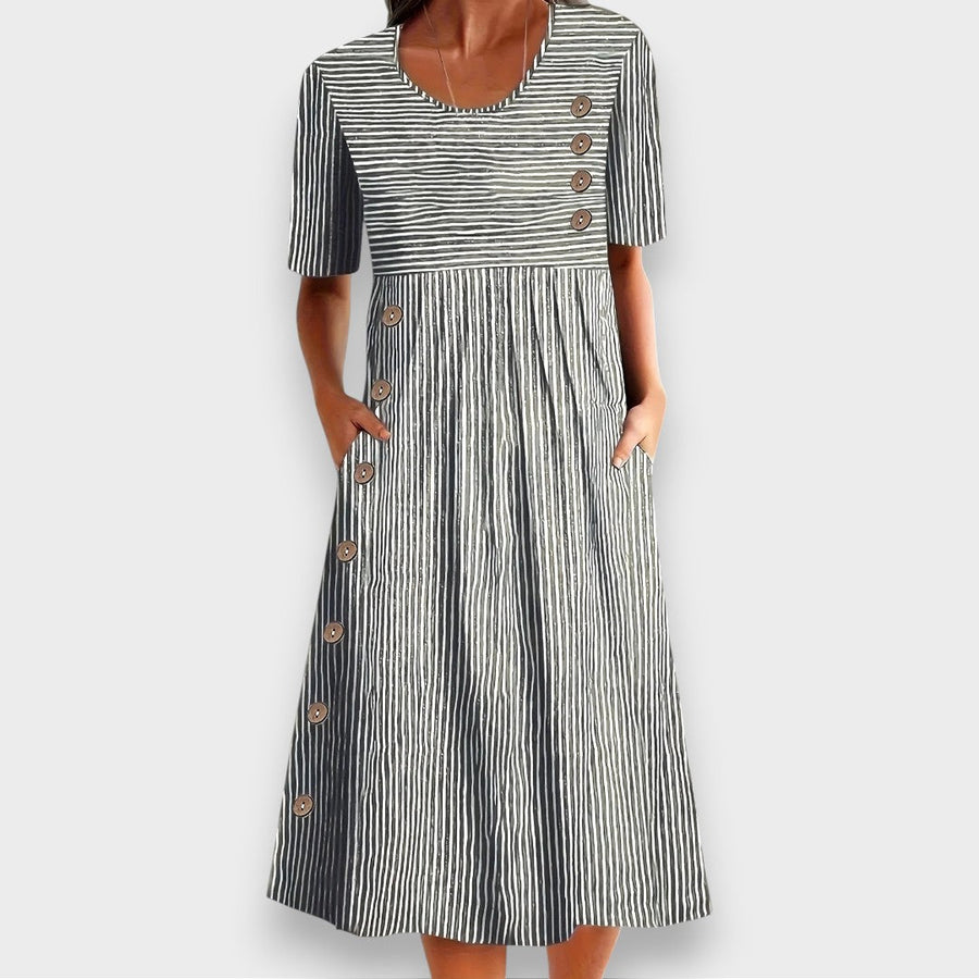 Cecily | Striped Button-Detail Midi Dress with Pockets — 4