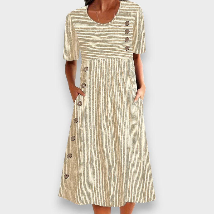 Cecily | Striped Button-Detail Midi Dress with Pockets — 6