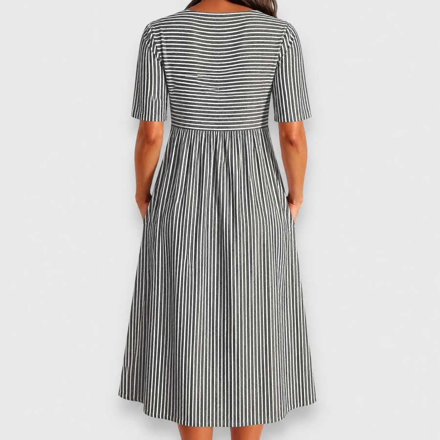 Cecily | Striped Button-Detail Midi Dress with Pockets — 5