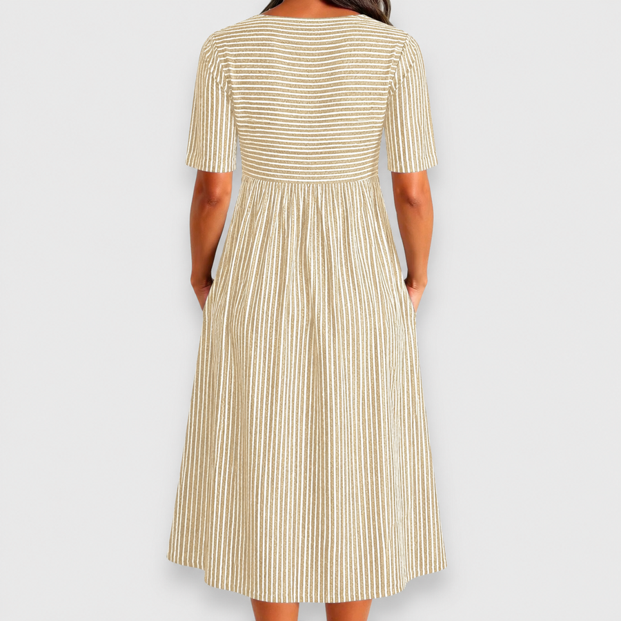 Cecily | Striped Button-Detail Midi Dress with Pockets — 7