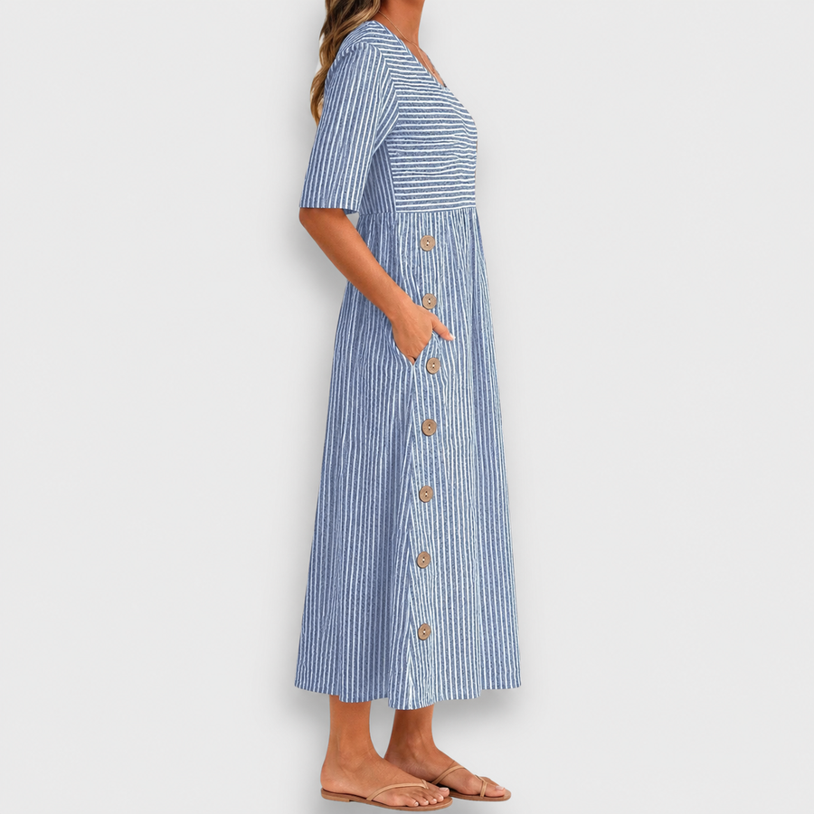 Cecily | Striped Button-Detail Midi Dress with Pockets — 2