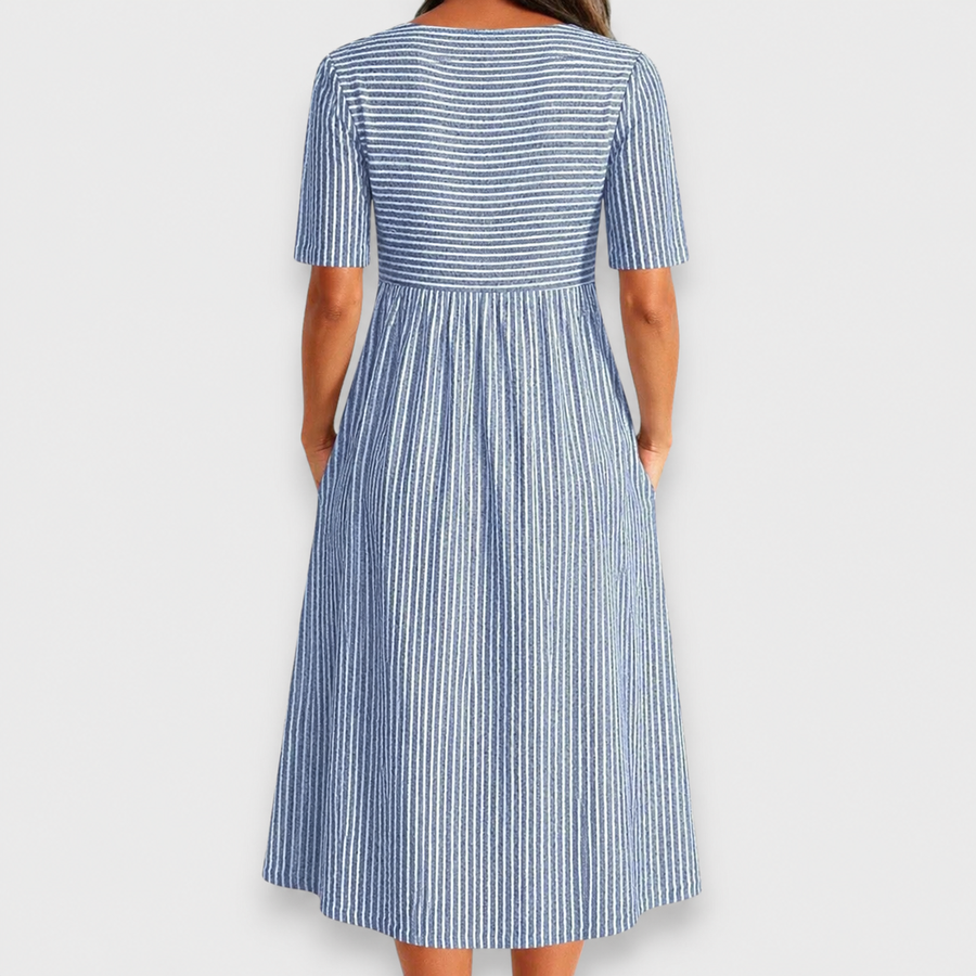 Cecily | Striped Button-Detail Midi Dress with Pockets — 3
