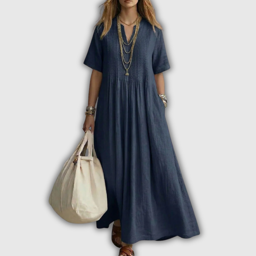Elowen | Pintuck V-Neck Linen Maxi Dress — 6