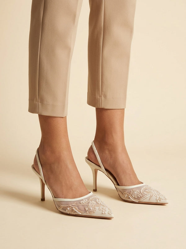 Mesh Floral Slingback Heels