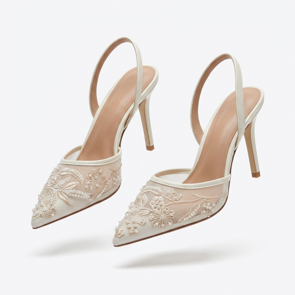 Mesh Floral Slingback Heels